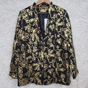 Soft Surroundings Marley Jacket Womens L Black Gold Metallic Floral Frog Closure